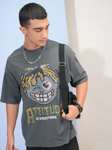 HIGHLANDER Round Neck Drop Shoulder Sleeves Graphic Printed Cotton Oversized T-shirt