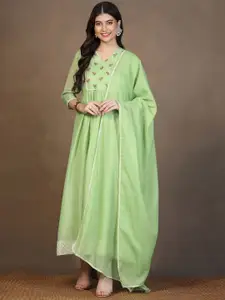 FASHION DREAM Floral Embroidered V-Neck Gathered Maxi Gown Dress With Dupatta