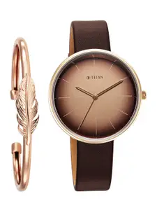 Titan Women Patterned Dial & Leather Straps Analogue Watch 2718WL01F