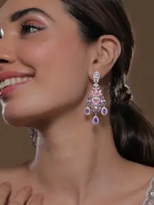 Rubans Rhodium-Plated Pink & Lavender AD & Cubic Zirconia Studded Chandelier Earrings