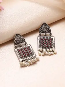 Jazz and Sizzle Silver Plated Square Artificial Stones & Beads Studded Drop Earrings