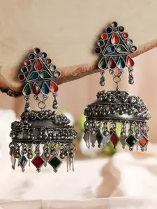 Jazz and Sizzle Silver Plated Dome Shaped Artificial Beaded Meenakari Jhumkas