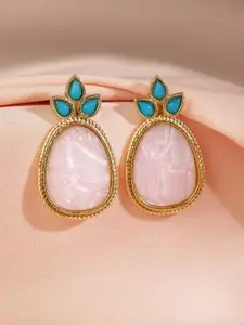 Rubans 18K Gold Plated Turquoise Blue & Pale Pink Stone Drop Earrings with Golden Outline