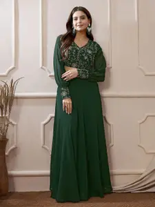 Janasya Green Georgette Embroidered Top With Skirt Set