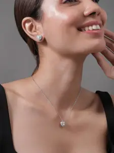 Rubans Rhodium Plated Cubic Zirconia Studded Heart Shape Pendant Necklace Set