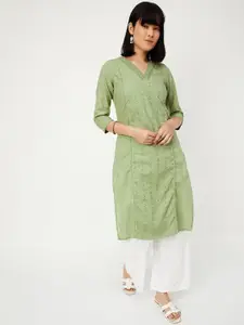 max Geometric Embroidered V-Neck Regular Cotton Straight Kurta