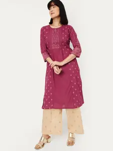 max Ethnic Motifs Printed Regular Cotton Thread Work Straight Kurta