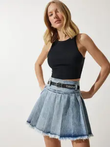 Happiness istanbul Pure Cotton Pleated Flared Mini Skirts