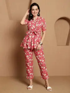 Sangria Printed Pure Cotton Top With Trouser Co-Ords