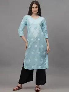 Seva Chikan Floral Embroidered V-Neck Lucknowi Chikankari Cotton Straight Kurta