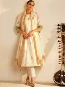 JAYPORE Ethnic Motifs Printed Round Neck Pure Cotton A-Line Kurta With Slip