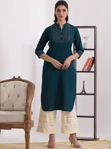 ARAVALII Mandarin Collar Thread Work Cotton Straight Kurta