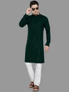 DIVISIVE Floral Embroidered Mandarin Collar Sequinned Straight Kurta with Trousers
