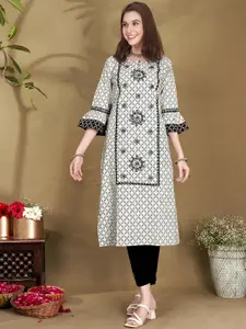 Anouk Geometric Printed Bell Sleeves Mirror Work Pure Cotton Straight Kurta