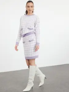 Trendyol Checked Round Neck Sweater With Skirt