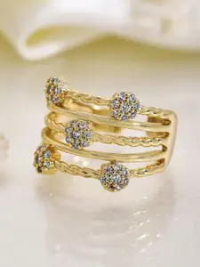 Rubans 18K Gold Plated MultiLayered Cubic Zirconia Studded Floral Adjustable Finger Ring