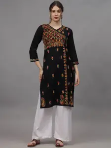 Seva Chikan Floral Embroidered Chikankari Cotton Straight Kurta
