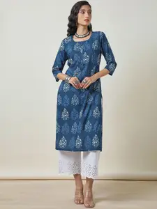 Soch Blue Ethnic Motifs Printed Cotton Straight Kurta