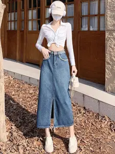 StyleCast Women Solid Denim A-Line Front Slit Midi Skirt
