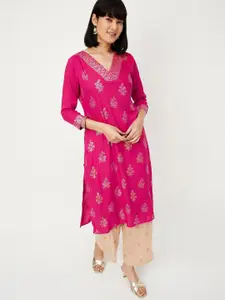 max Floral Printed V-Neck Regular Straight Kurta