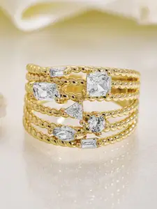 Rubans 18K Gold Plated Multi-Layered Cubic Zirconia Studded Adjustable Finger Ring