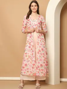 Purple State Floral Printed Top With Palazzos & Shrug Co-Ords