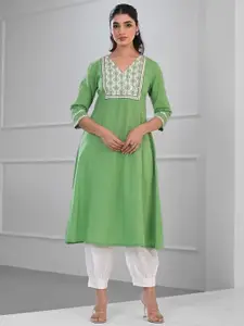 ARAVALII Ethnic Motifs Yoke Design Cotton Straight Kurta