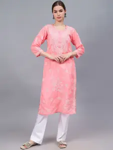 Seva Chikan Floral Embroidered V-Neck Lucknowi Chikankari Cotton Straight Kurta