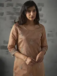 Anouk Brown Ethnic Motifs Embroidered Chanderi Silk Straight Kurta