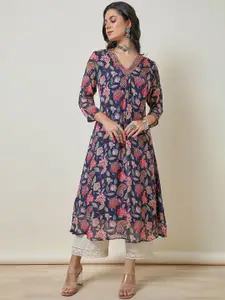 Soch Navy Blue Floral Printed V-Neck Thread Work Straight Kurta