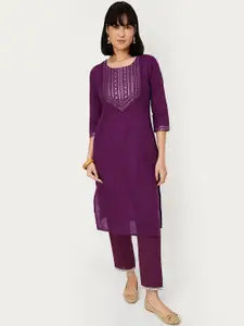 max Floral Embroidered Sequins Cotton Straight Kurta
