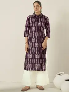 Anouk Magenta Tribal Printed Shirt Collar Straight Kurta