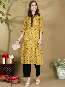 Anouk Floral Printed Mandarin Collar Roll Up Sleeves Liva Straight Kurta