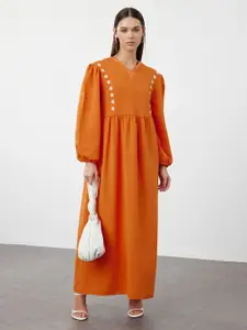 Trendyol Women Cotton V neck Puff Sleeve Maxi Dress