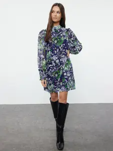 Trendyol women Floral Print Mock Neck Cuffed Sleeves Fit & Flare Dress
