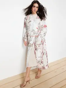 Trendyol Floral Printed V-Neck Tie-Up Longline Shrug