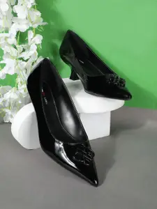 Bata Solid PU Kitten Pumps with Bows