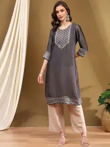 Biba Geometric Yoke Design Thread Work Silk Straight Kurta With Camisole