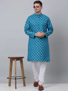Jompers Floral Printed Band Collar Straight Kurta With Pyjamas