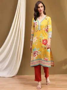 Biba Floral Printed V-Neck Straight Kurta