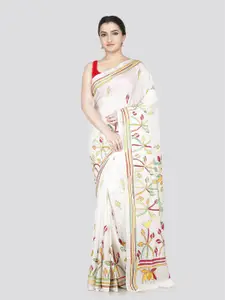 PinkLoom Floral Embroidered Kantha Work Pure Silk Saree