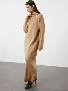 Trendyol Shirt Collar Solid Long Extended Sleeves Maxi Dress