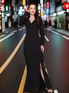 Ziva Fashion Women Embellished V neck Maxi Midi Dress