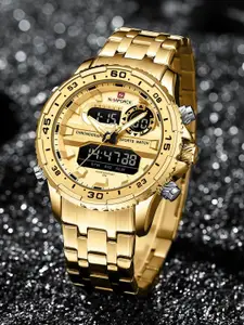 Naviforce Men Brass Embellished Dial & Stainless Steel Straps Analogue and Digital Multi Function Watch