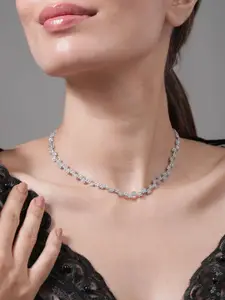 Rubans Rhodium Plated AD & Cubic Zirconia Studded Cross Link Tennis Necklace