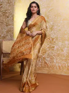 Indethnic Printed Zari Bandhani Saree With Blouse Piece