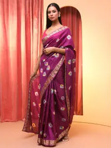 Indethnic Printed Zari Bandhani Saree With Blouse Piece
