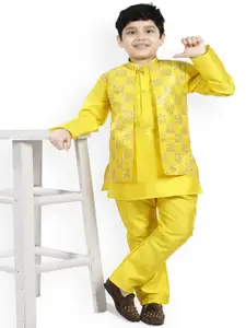 BAESD Boys Checked Embroidered Mandarin Collar Straight Art Silk Kurta With Pyjamas