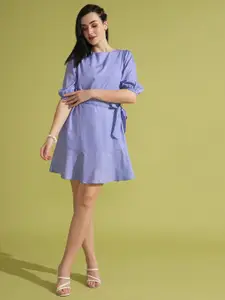 Globus Polka Dot Printed Puff Sleeve Tie-Up A-Line Dress