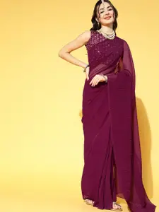 KALINI Solid Sequinned Saree With No Border